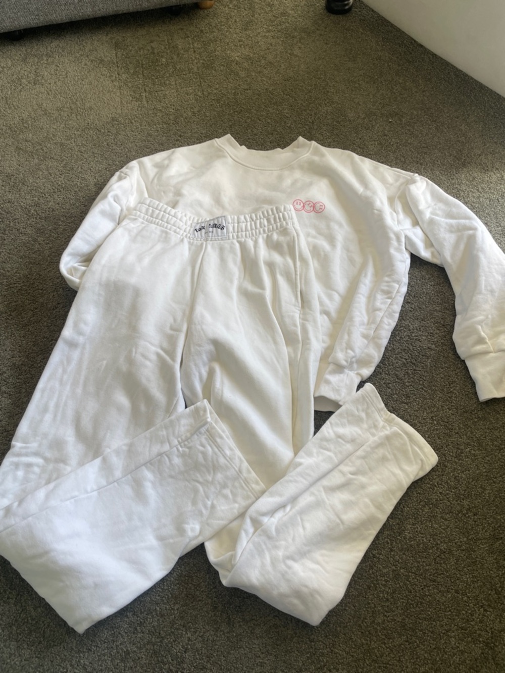 TAN LINES XS White Two-Piece Set - Cozy Crewneck & Pants